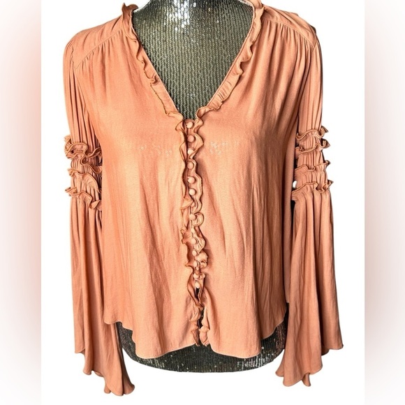 Free People Tops - Free People Blouse Ruffle Button Sleeve Size X-Small Blousey Semi Sheer